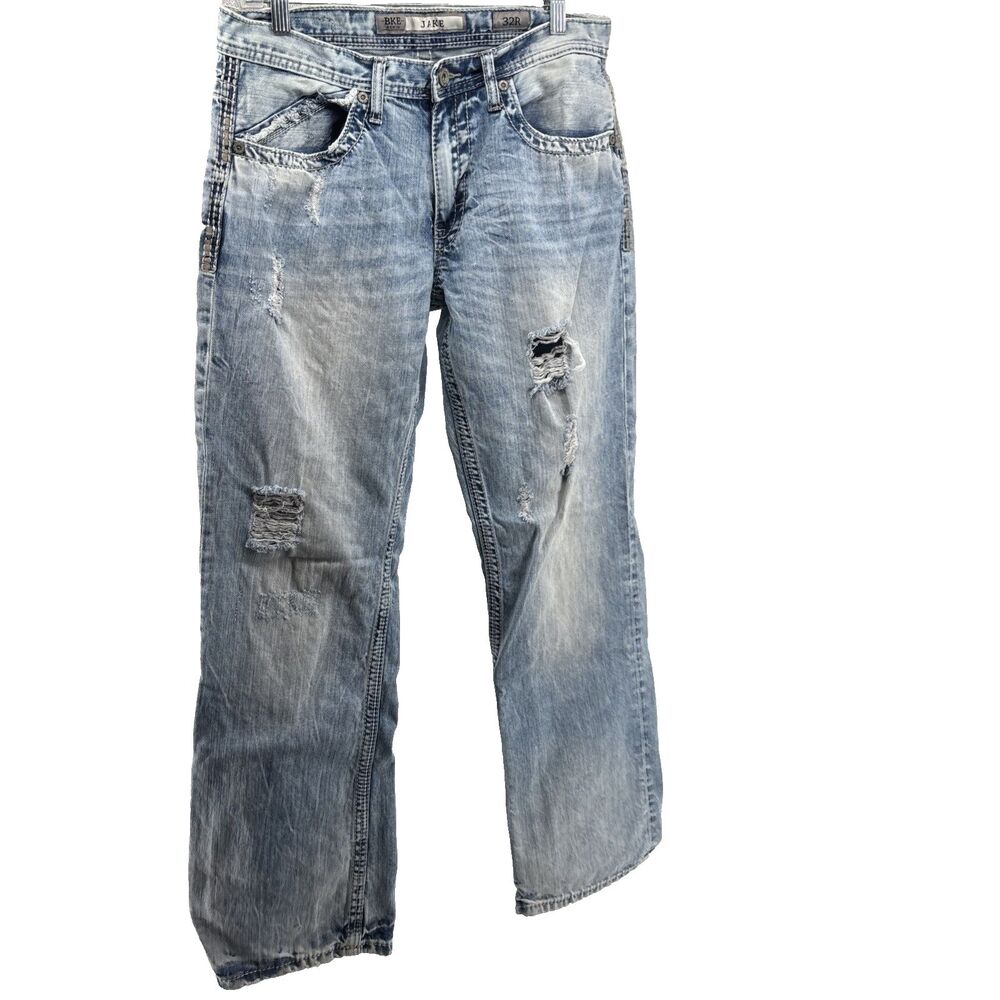 BKE Mens Jeans 32R Blue Denim Jake Straight Leg Whiskering Thick Stitch Street